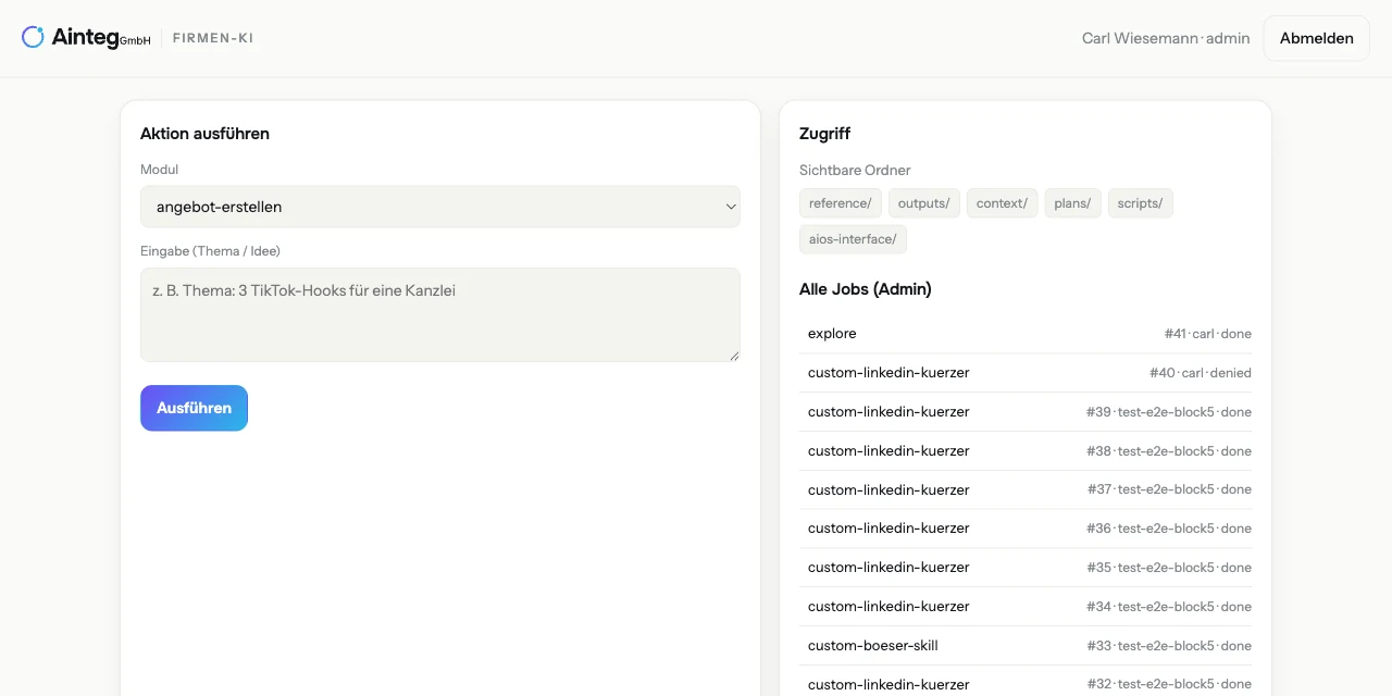 Die Firmen-KI von Ainteg: Dashboard mit Modul-Auswahl, Job-Liste und Zugriffsrechten